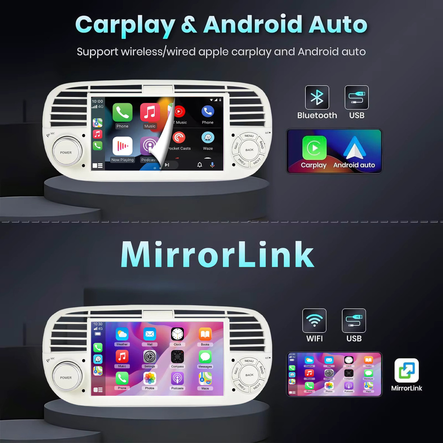 ESSGOO Android 15 Autoradio für Fiat 500 (2007-2015) mit 7 Zoll IPS Touchscreen, 4+64GB, kabellosem Carplay, Android Auto, GPS, Bluetooth und Wifi - Bild 5