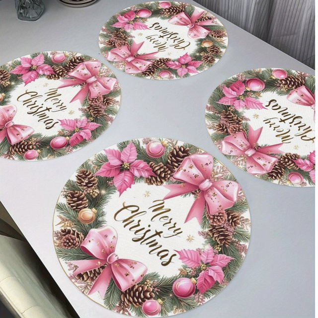 VIKAMA Weihnachts-Tischset mit Blumenkranz und roten Tannenzapfen, waschbar und hitzebeständig, rund, mehrfarbig - Bild 1