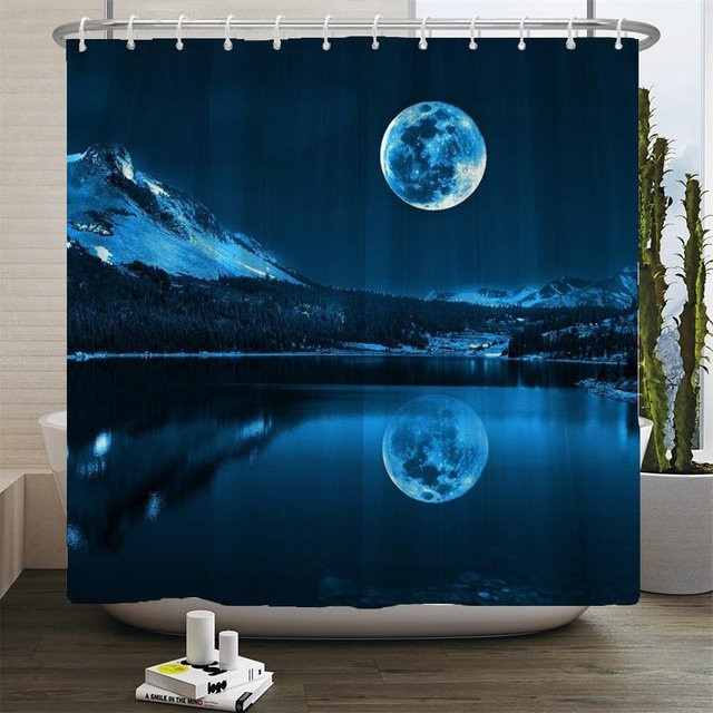 Vollmond Duschvorhang Ozeanlandschaft mit Sternenhimmel in Blau, wasserdichter Stoff mit Haken, Breite: 120 cm, Höhe: 180 cm - Bild 1