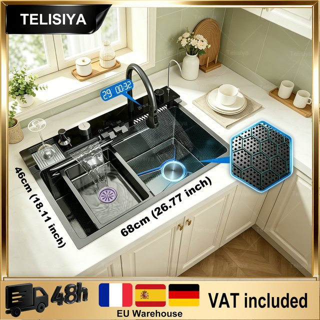 TELISIYA Multifunktionale Küchenspüle aus Edelstahl mit Wasserfall-Funktion und Digitaldisplay in Silber, B/T: 68,0 x 46,0 cm - Bild 1