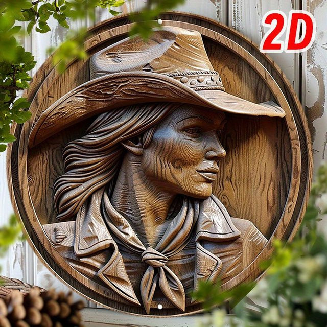 Potdemiel Rundes Cowboy-Kranzschild aus Aluminium in Braun mit 3D-Holzeffekt als Wanddekoration, Durchmesser: 20,3 cm - Bild 1