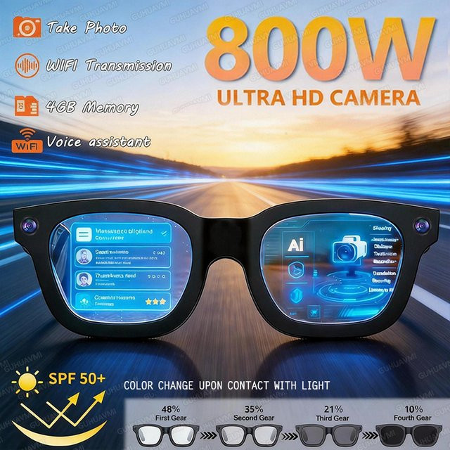 GUHUAVMI Smart-Brille mit 8MP Kamera, KI-Fotoerkennung, Bluetooth-Anruf und Sprachübersetzung, Sonnenbrille für Männer und Frauen in Schwarz oder Rot - Bild 1