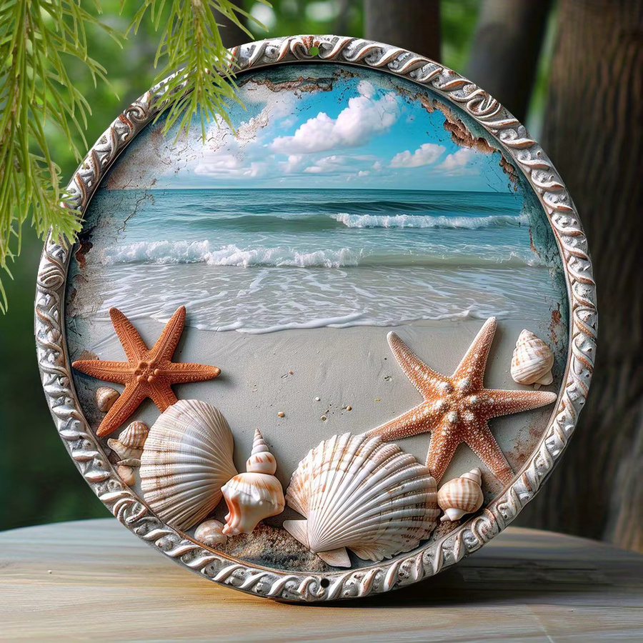 Potdemiel Rundes Metall-Aluminium-Schild Seestern und Muscheln Wandkunst Dekoration Durchmesser: 20 cm - Bild 3