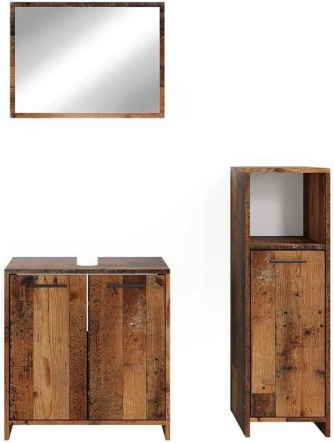 Vicco Badmöbelset Kiko Old Style in Eiche Rustikal Braun, 3-teilig bestehend aus Waschtischunterschrank, Badspiegel und Midischrank - Bild 2