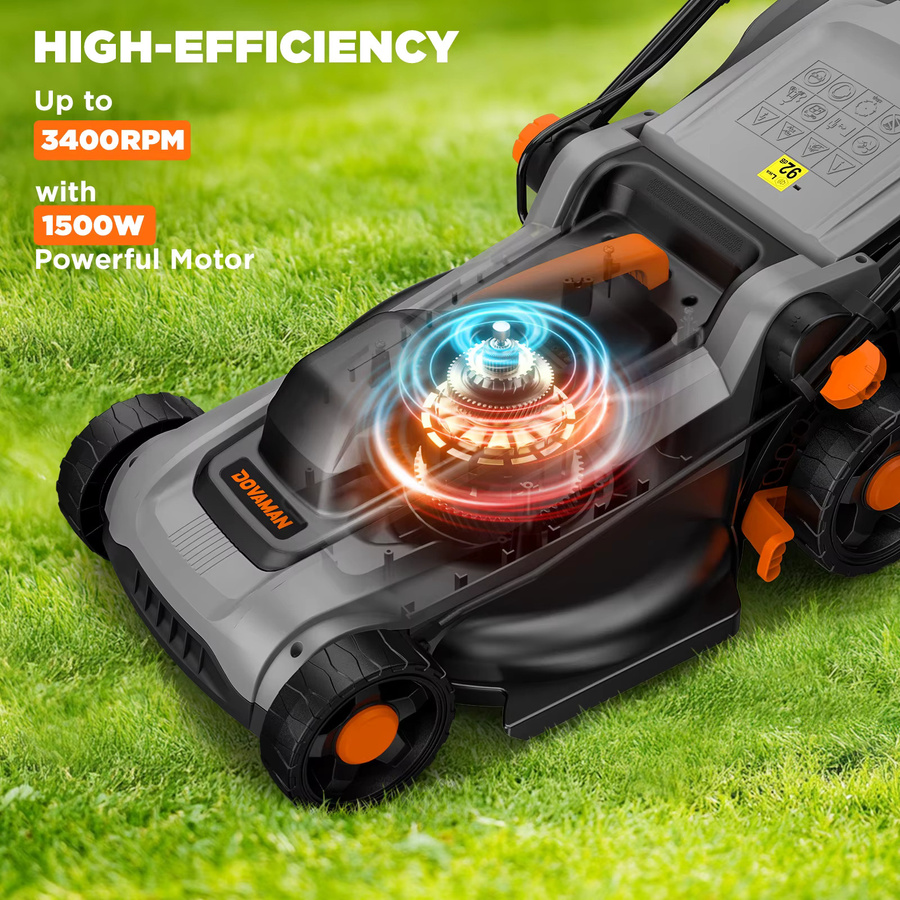 DOVAMAN Elektrischer Rasenmäher in Schwarz mit 1500W Leistung, 36cm Schnittbreite, 40L Grasbehälter und 2-in-1 Mulch- und Aufsammelfunktion - Bild 2
