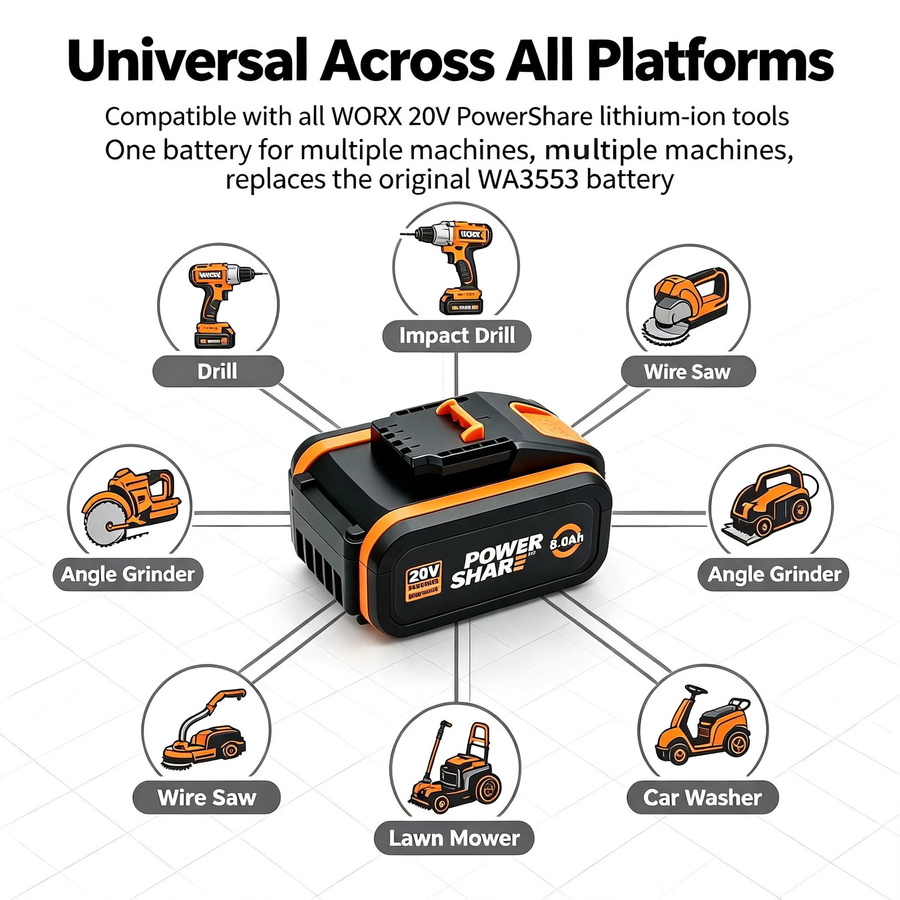 Worx Lithium-Ersatzakku 20V mit 8000mAh in Schwarz, kompatibel mit WA3553 WA3551 WA3572 sowie WX390 WX176 WX178 WU268 kabellosen Elektrowerkzeugen - Bild 5