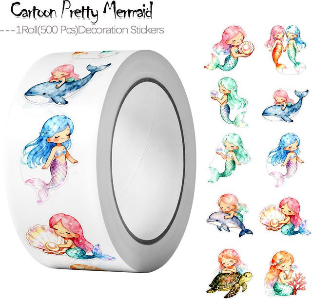 500 Stück Meerjungfrauen Aufkleber im Aquarell-Cartoon-Stil für Briefpapier und Dekoration, Mehrfarbig - Bild 1