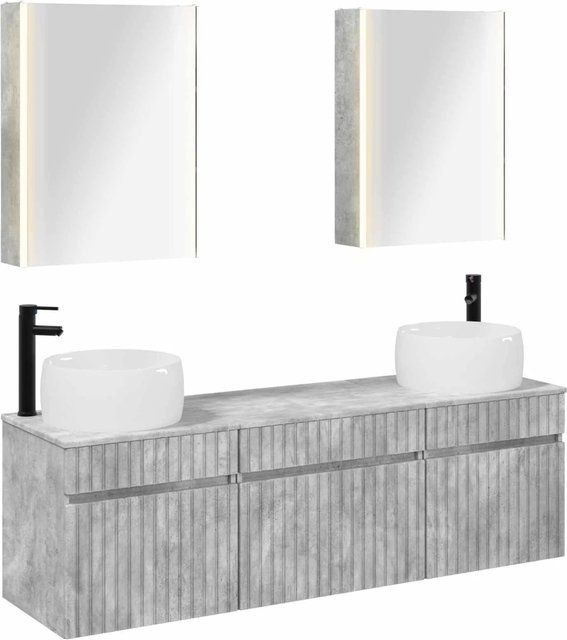 vidaXL Badezimmerschrank-Set 5-teilig in Betongrau mit LED-Beleuchtung und Spiegelschrank, B/T/H: 53 x 15,5 x 70 cm - Bild 1
