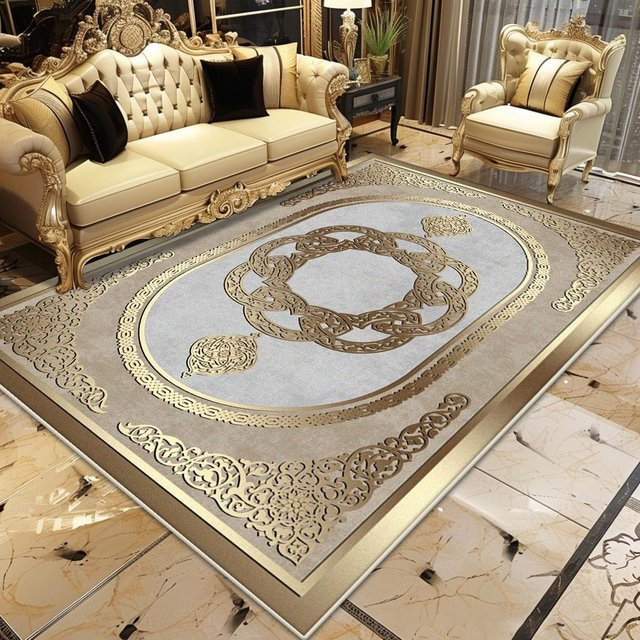 Goldener Luxusteppich Karpetti mit Streifenmuster, rutschfest und waschbar, B/T: 140 x 200 cm - Bild 1