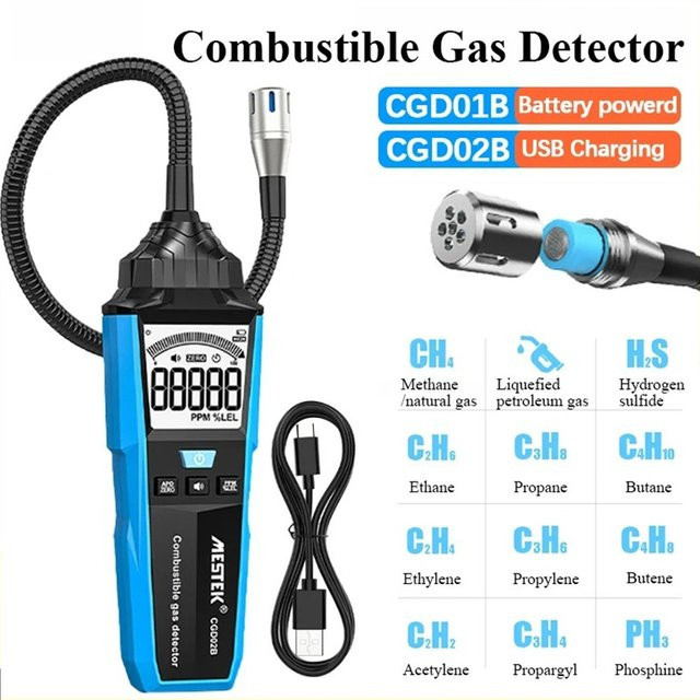 TELEHILL Brenngas Leckdetektor mit Schall- und Lichtalarm zur Leckortung von Erdgas inklusive Flex-Sonde, Blau - Bild 1