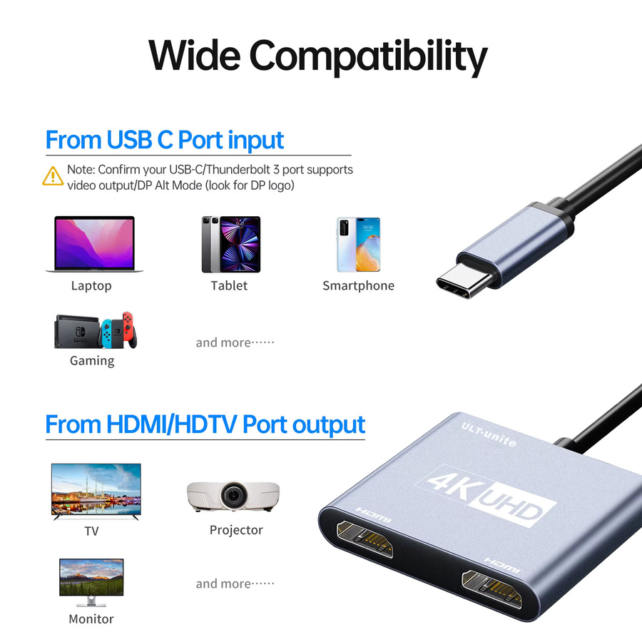 ULT-unite USB-C-zu-Dual-HDMI-Adapter 4K@60Hz in Grau zur Erweiterung für zwei Monitore, kompatibel mit MacBook Pro Air, iPad, iPhone 15, Dell XPS, ThinkPad, Spectre, Surface, Galaxy S24 und Steam - Bild 6