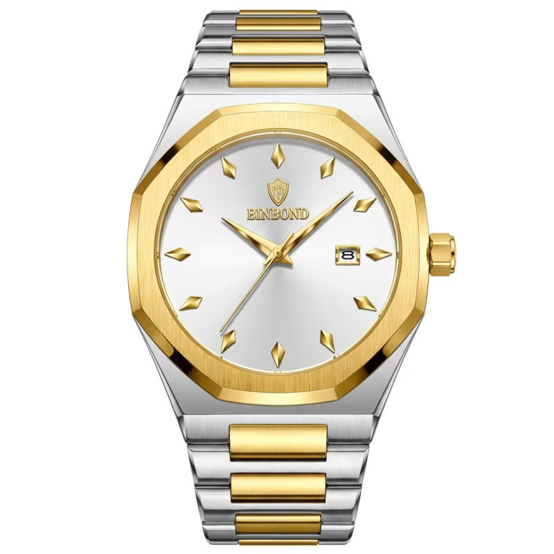 BINBOND Armbanduhr Edelstahl, Bicolor, Gold, Quarz, Herren, Datum - Bild 6