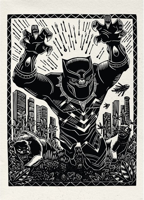 Komar Wandbild Marvel Black Panther Lino-Cut Poster Schwarz-Weiß, Breite: 50 cm, Höhe: 70 cm - Bild 1