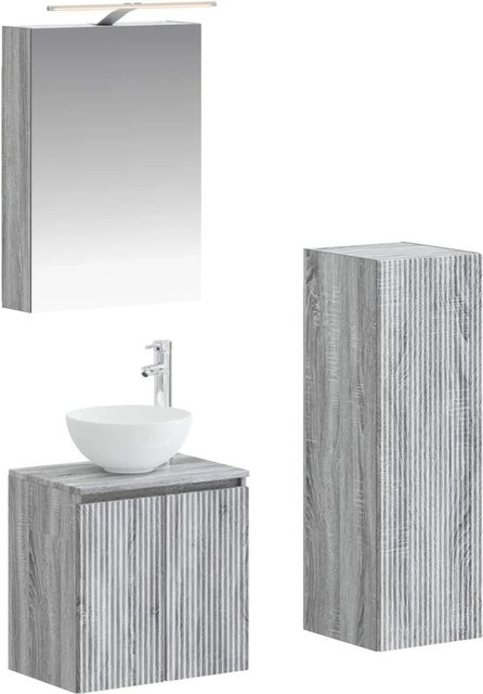 vidaXL Badezimmermöbel-Set 4-teilig in Grau, modern gestaltet aus Holz und Glas mit LED-Beleuchtung und Spiegelschrank - Bild 1