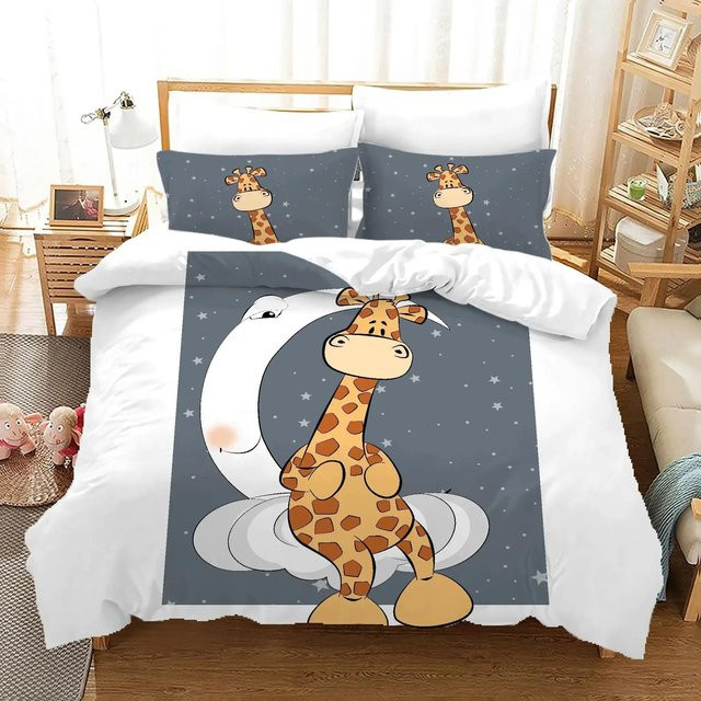 Bettwäscheset mit Cartoon-Giraffe und tropischen Tieren von Binchi Outdoor Product, weißes Kinderbettwäscheset aus Polyester für Jungen und Mädchen, B/H: 135 x 200 cm - Bild 1