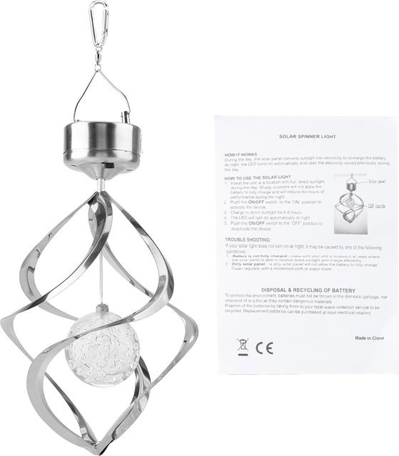 Tooarts Solarbetriebene LED-Windspiel-Lichter, bunte hängende Spinner-Lampe in Weiß und Silber für Garten und Haus - Bild 1