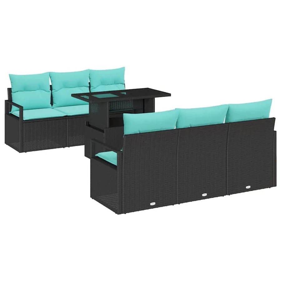 vidaXL Gartensofa-Set 7-teilig aus Poly-Rattan mit Polsterkissen und Speicherfunktion in Schwarz und Blau - Bild 2