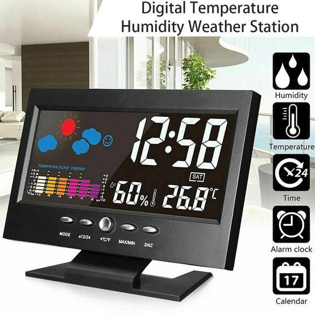 TOMTOP JMS Intelligente Wetteruhr mit Digitalanzeige als drahtloses Temperatur- und Feuchtigkeitsmessgerät inklusive Kalender in Schwarz - Bild 1