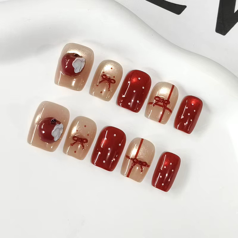 Künstliche Nägel Polka Dot Rote Äpfel mit Katzenauge, 10 Stück, Glänzend - Bild 2