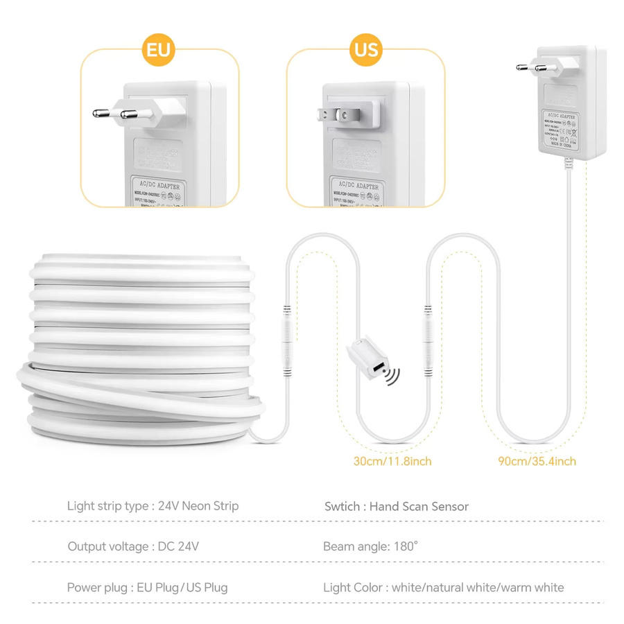 Guillermo LED Neon Flex Lichtband mit Handbewegungssensor, 24V, Warmweiß, Wasserdichtes Silikonband für Kosmetikspiegel, Schrank und Möbelbeleuchtung - Bild 2