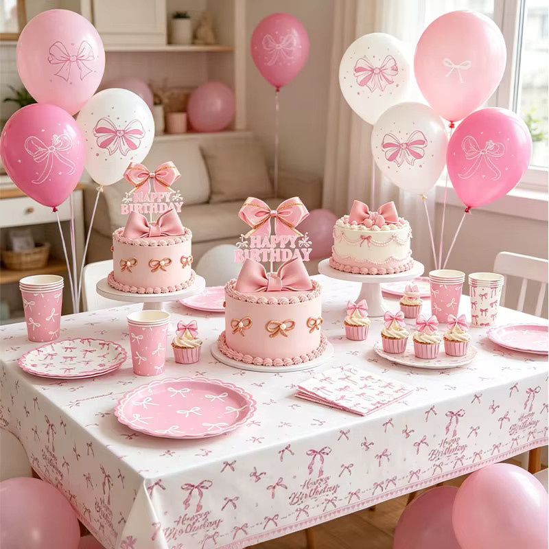 Rosa Party-Dekorationsset mit Schleifen-Motiv für Geburtstage und Hochzeiten bestehend aus Pappgeschirr, Luftballons, Geschenktüten und Bannern - Bild 2