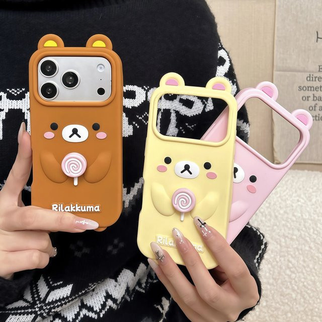 Rilakkuma Lollipop Handyhülle aus weichem Silikon für Apple iPhone 17 16 15 14 13 12 Pro Max Plus in Pink, stoßfeste Schutzhülle - Bild 1