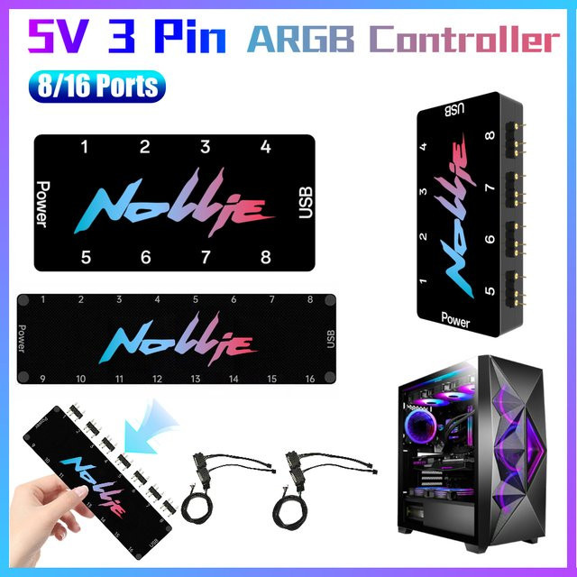 APWIKOGER 5V 3PIN ARGB Controller, 8/16 Weg adressierbarer ARGB Fan Hub Splitter in Schwarz, kompatibel mit SignalRGB und OpenRGB zur Erweiterung deiner Motherboard-Schnittstelle - Bild 1