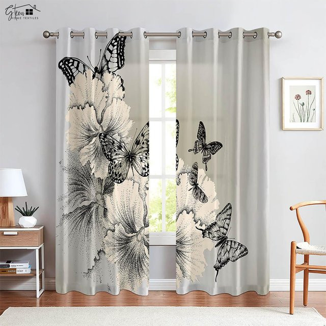 Yiran Furniture Vorhang mit Schmetterling und Blumen im Retro-Design, 2er-Set, Pastellfarben, B: 50 cm, H: 130 cm - Bild 1