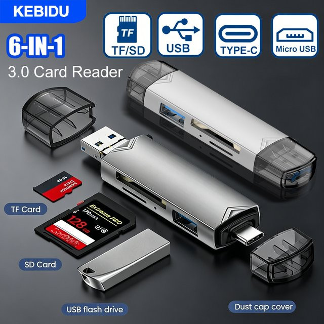KEBIDU Multifunktions OTG Kartenleser Adapter mit USB-C und Micro-USB für SD und TF Karten, Grau - Bild 1