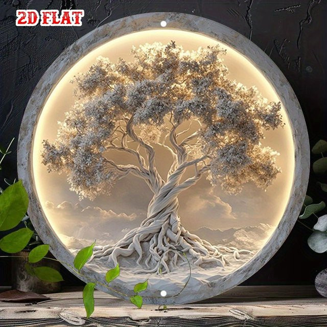 Rundes Aluminiumschild Baum des Lebens von Potdemiel in Weiß als wetterbeständige Metallwanddekoration mit floralem Design, Durchmesser: 19,99 cm - Bild 1
