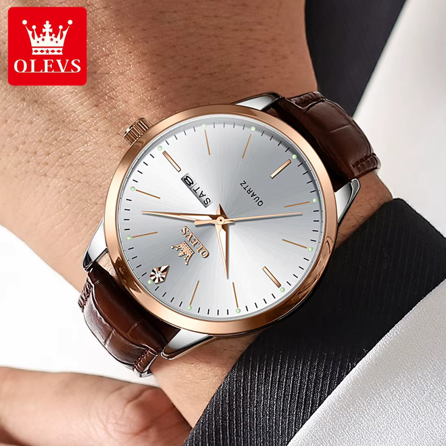 OLEVS Armbanduhr, Quarz, Lederarmband, Blau, Roségold, Herren - Bild 2