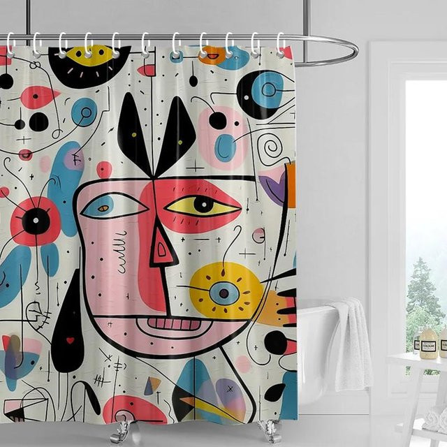 Duschvorhang Morandi mit buntem abstraktem Pflanzenmotiv in Nordischem Stil, wasserdicht und schimmelresistent, Farbe: Mehrfarbig, B x H: 180 x 180 cm - Bild 1