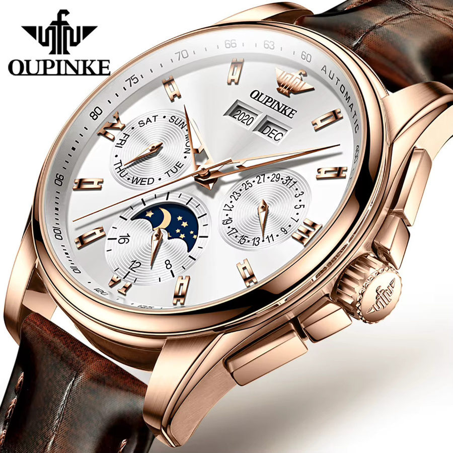 OUPINKE Herrenuhr, Automatik, Edelstahl, Leder, Weiß, 5 ATM, Herren - Bild 6