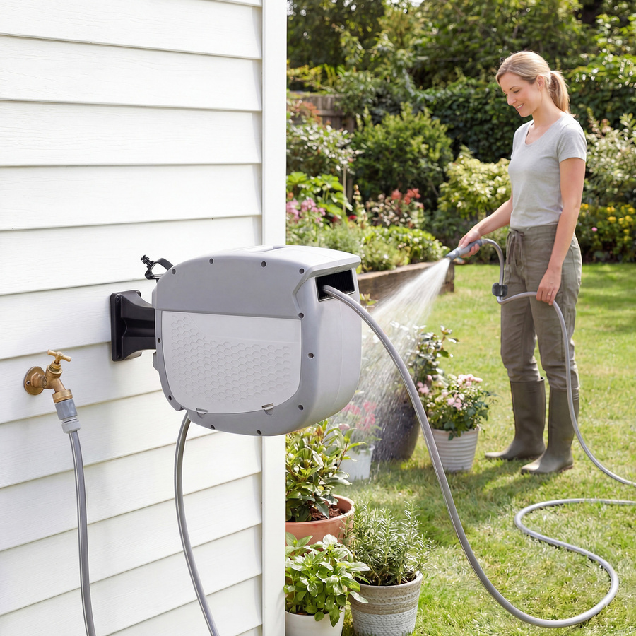 Outsunny Schlauchtrommel mit 20 m Gartenschlauch, graue Wandmontage-Schlauchbox mit automatischer Aufrollung und 180° schwenkbarer Halterung - Bild 2
