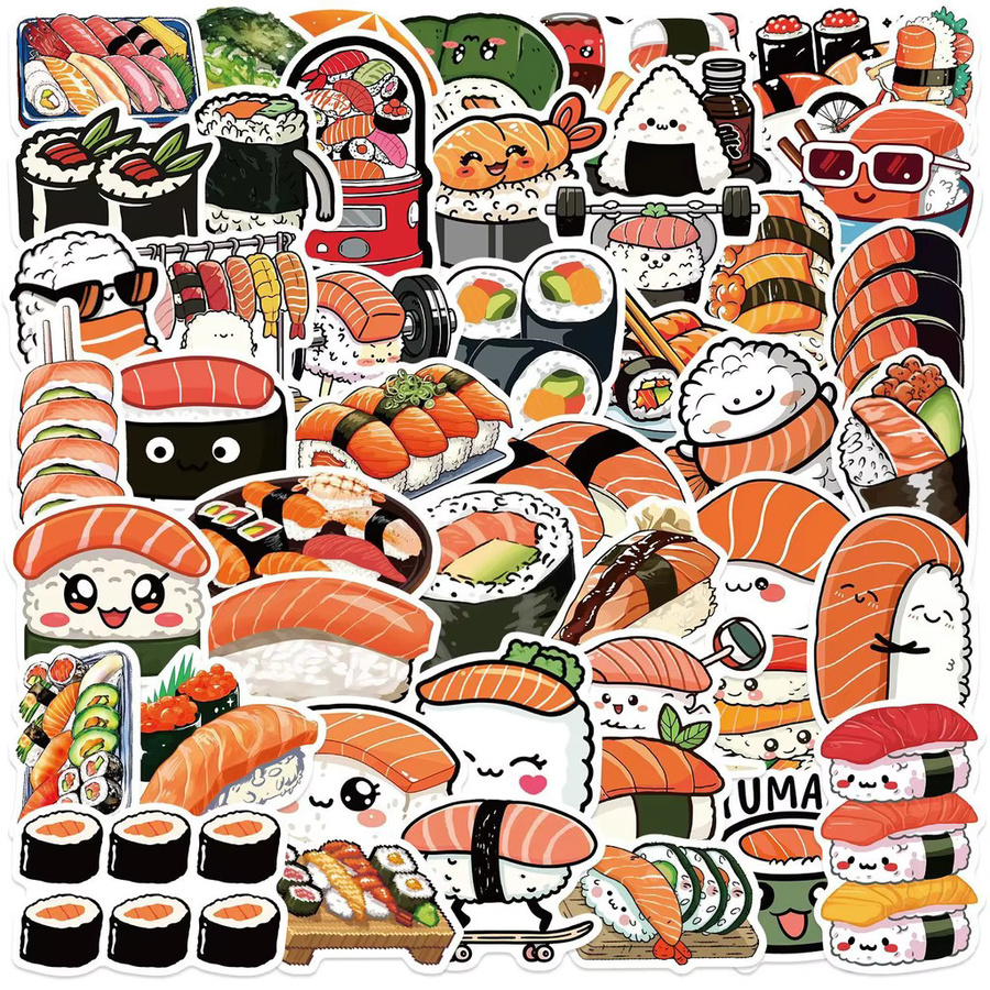 50 Stück Cartoon Lachs Sushi Graffiti Aufkleber in Multicolour für Fahrrad, Notizbücher und Federmäppchen - Bild 2