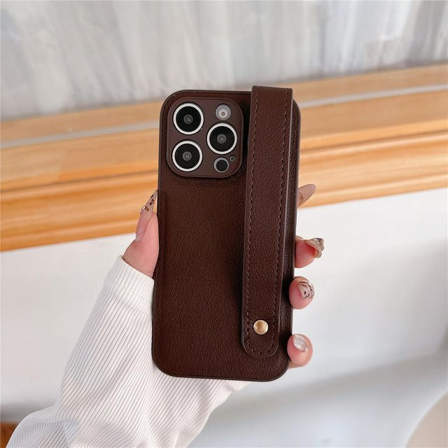 Silikonhülle mit Lederarmband für Apple iPhone 11 bis 16 Pro Max Plus X XR XS in Braun - Bild 1