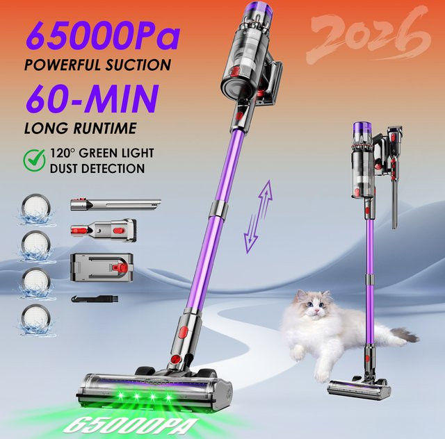Fixtfixer 6-in-1 Kabelloser Akku-Staubsauger mit 500W und 65KPA Saugkraft, Beutelloses System in Lila für Böden, Teppiche und Polster - Bild 1