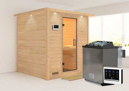 Karibu Sauna Sindi Bio-Kombi-Sauna für 4 Personen mit 9 kW Bio-Kombi-Saunaofen und externer Steuerung, beige, B/T/H: 221 x 198 x 212 cm - Bild 1