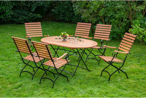 Merxx Gartenmöbelset Schlossgarten 7-teilig aus geöltem Eukalyptusholz in Schwarz, ovaler Tisch und klappbare Stühle für Garten, Terrasse oder Balkon - Bild 1