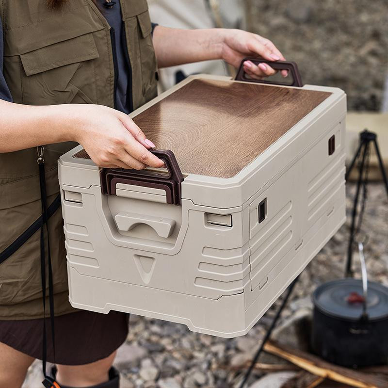 Binchi Outdoor Camping Box mit Holzdeckel in Beige, faltbare Tragetasche und Lagerbox für das Auto - Bild 4