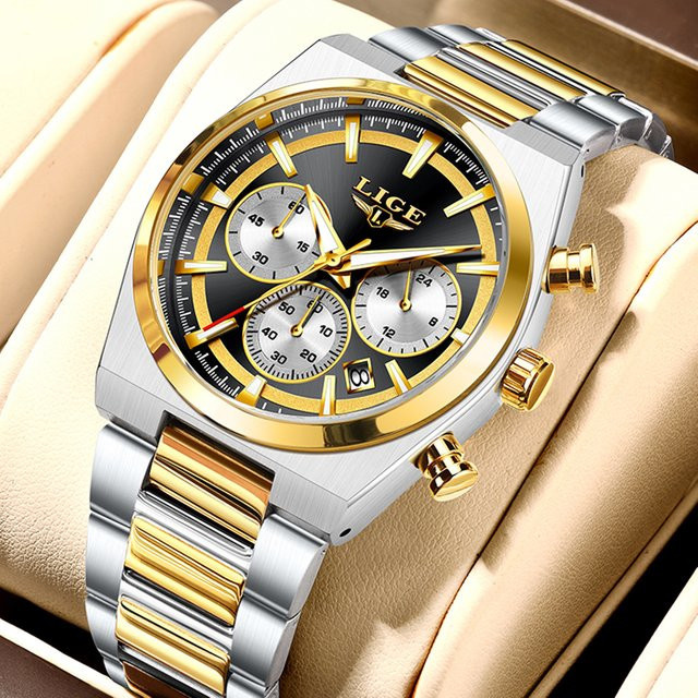 LIGE Chronograph Armbanduhr, Quarz, Edelstahl, Schwarz, Herren - Bild 1