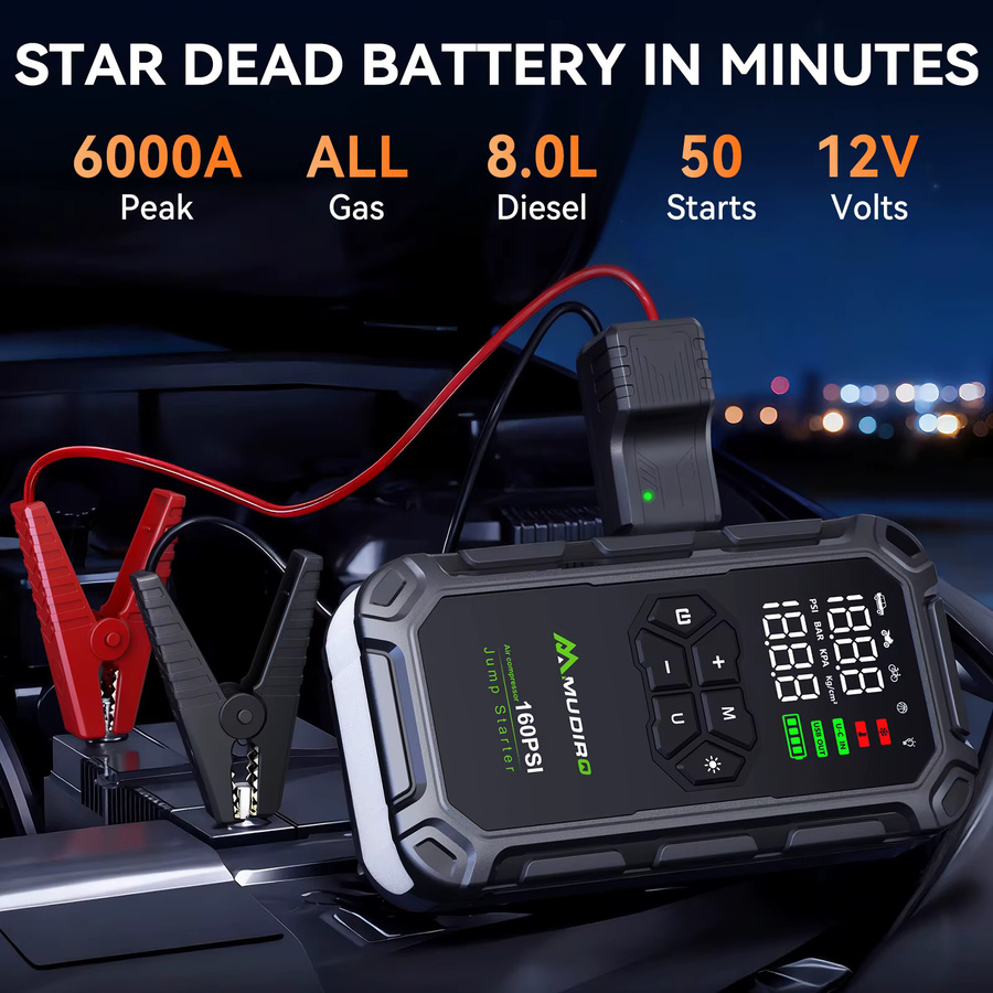 Mudiro Starthilfe mit Luftkompressor 6000A, 160PSI, LCD-Display, USB-C-Anschluss und LED-Licht, Schwarz - Bild 2