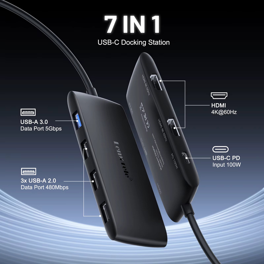 Lemorele USB-C Hub 10 Ports Dockingstation in Grau mit Dual HDMI 4K, VGA, USB 3.0, PD 100W und SD Kartenleser für MacBook - Bild 3