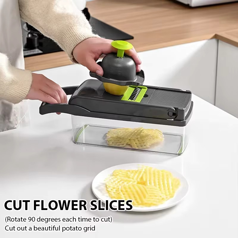 Multifunktionaler 5-in-1 Gemüseschneider und Küchenwerkzeug in Grau aus Kunststoff zum Zerkleinern von Tomaten, Karotten, Käse und Zwiebeln inklusive Würfelreibe - Bild 3