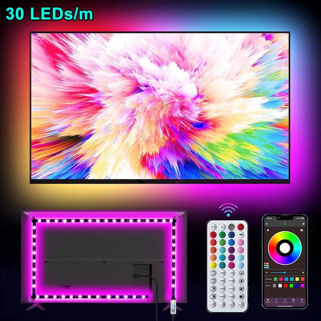 Mikenoon RGB LED-Streifen mit Musik-Synchronisation und App-Steuerung, Multicolour TV-Hintergrundbeleuchtung mit 30 LEDs/m - Bild 1