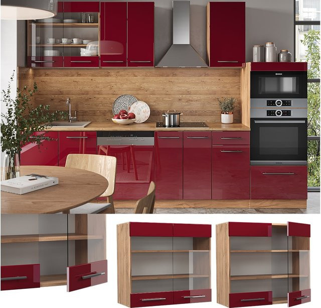 Vicco Hängeglasschrank Fame-Line Küchenschrank in Eiche Rot Bordeaux Hochglanz mit Softclose-Scharnieren und Glasfront, Breite: 80 cm - Bild 1
