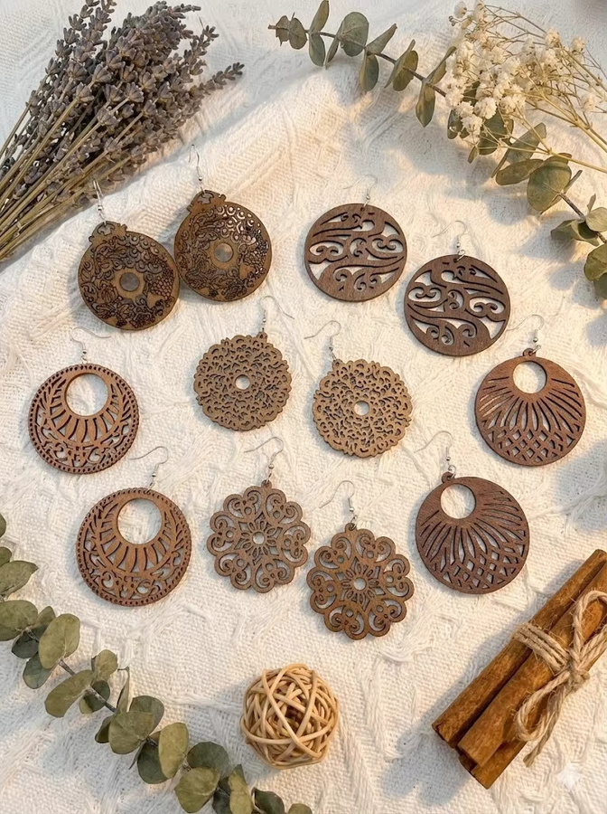 YULUCH Ohrring-Set, Holz, Blumen-Mandala, Damen, Vintage, Bunt - Bild 2