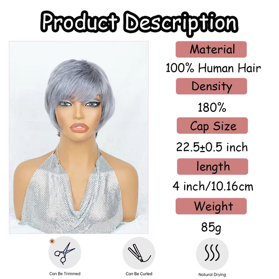 OYM HAIR Pixie-Schnitt-Perücke, kurz, glatt, Echthaar, grau, Damen - Bild 3