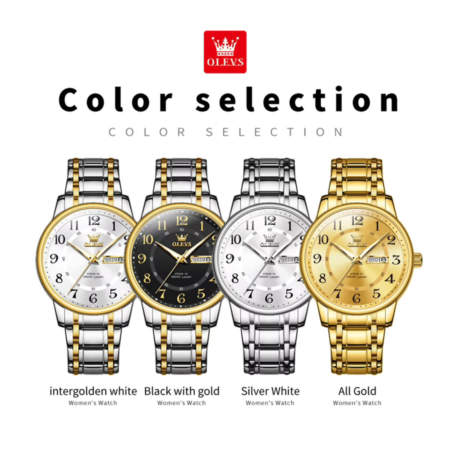 Olevs Armbanduhr Quarz, Edelstahl, Gold, Herren, Dual Kalender Display - Bild 6