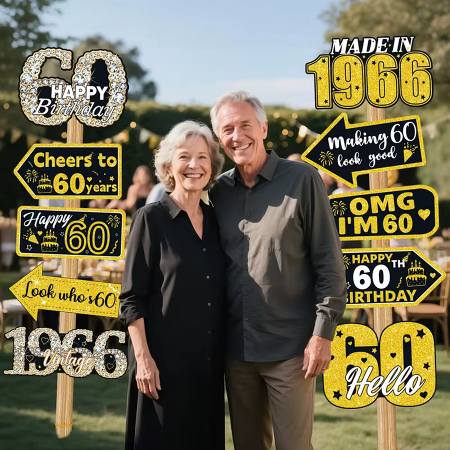AFYPRTY 10-teiliges 60. Geburtstag Dekorations-Set in Schwarz-Gold im Vintage-Stil aus Papier mit Foto-Requisiten - Bild 4